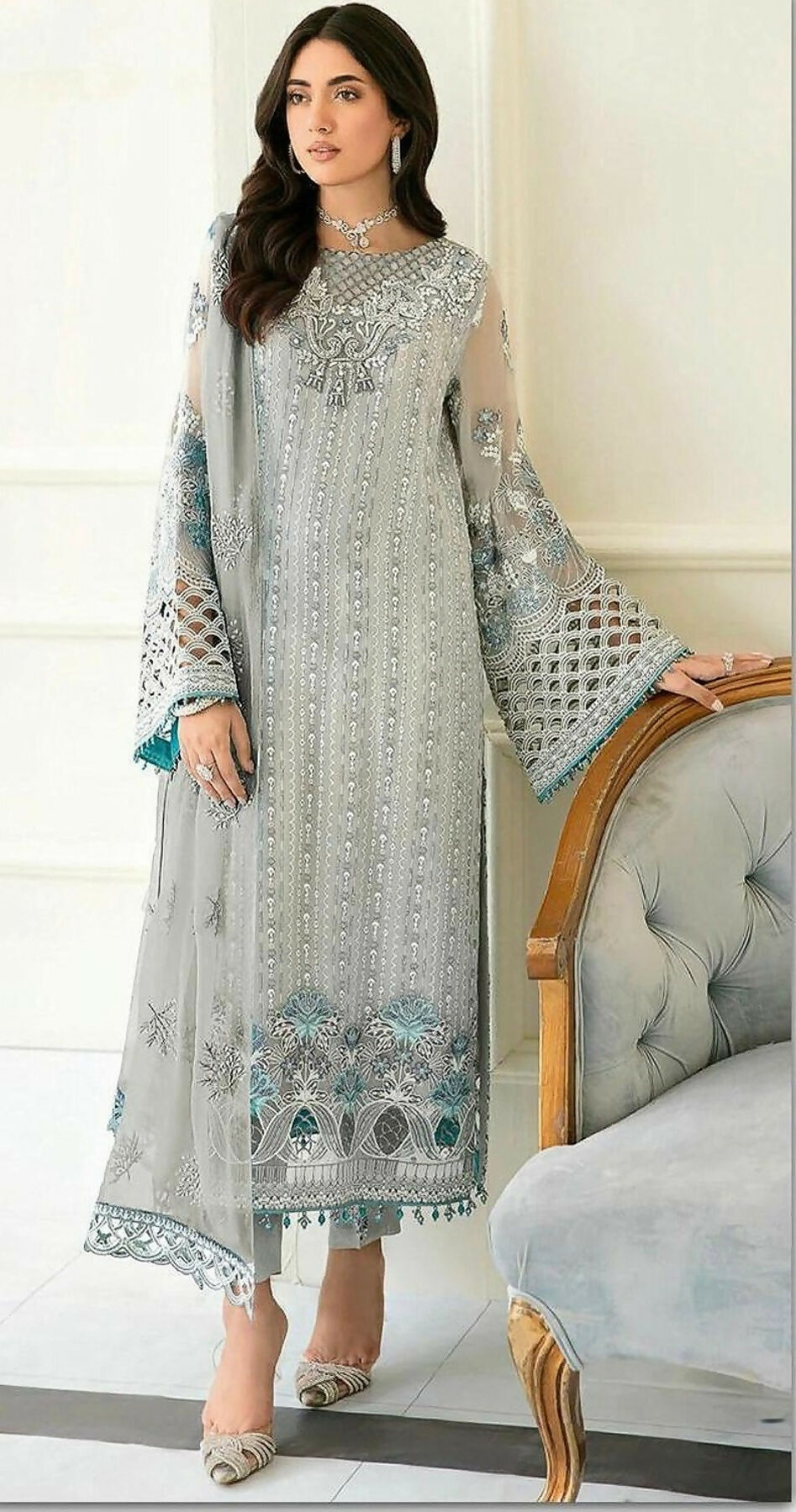 Anaita Sky Blue Fox Georgette Stitched Suit with Embroidery Sequence Work & Khatli Work