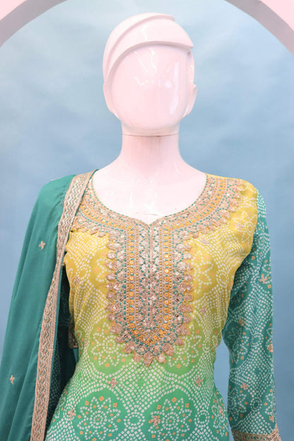 Anaita Green Digital print with Embroidered Silk Stitched Plazo Suit