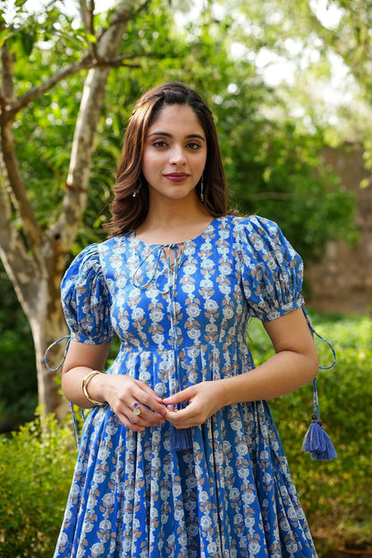 Sonakshi Women's Blue Rayon Digital Print Full Round Flair Anarkali Gown Set