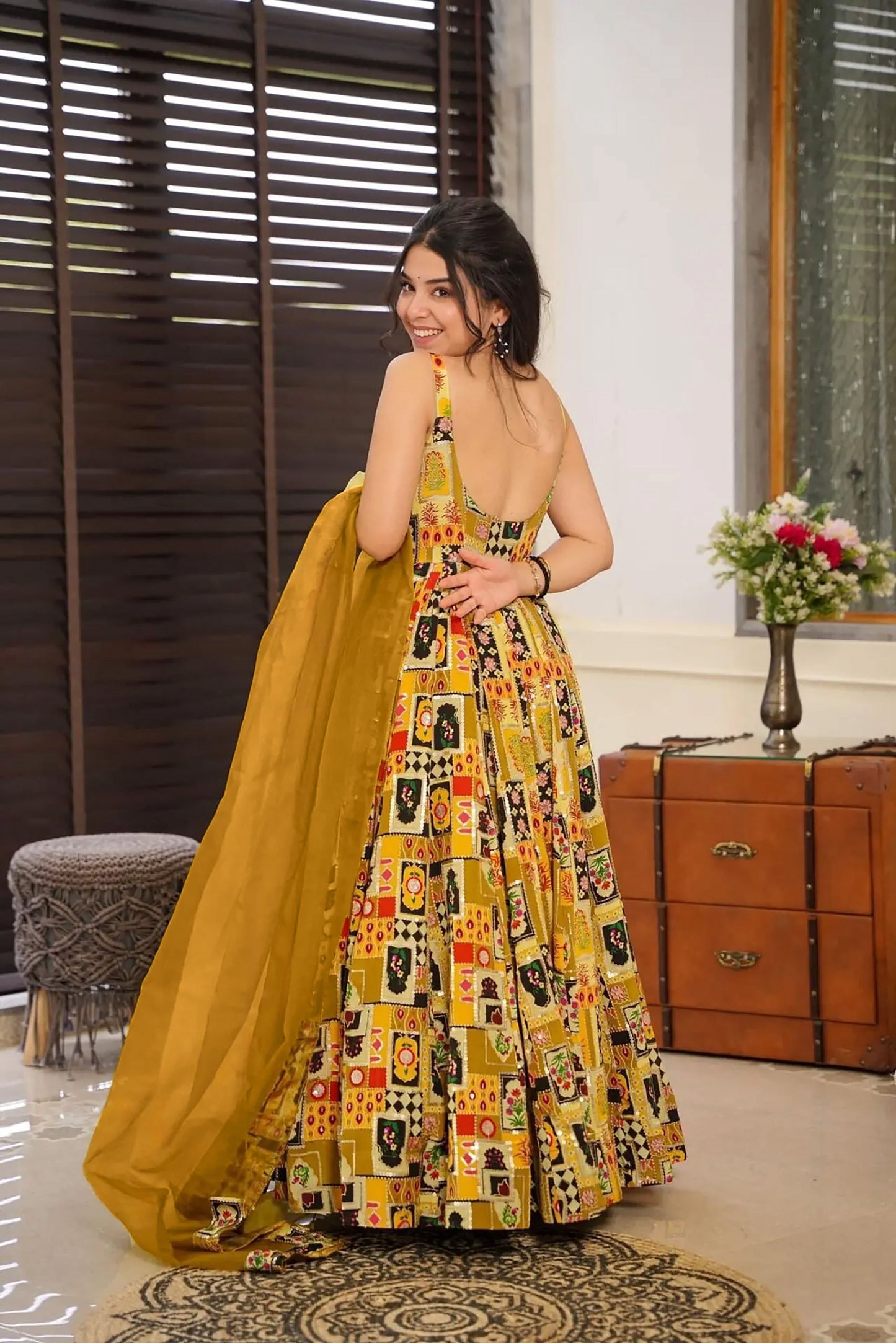 Sonakshi Women's Yellow Silk Digital Print Full Round Flair Anarkali Gown Set With Dupatta