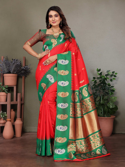 Sonakshi Women's Red Banarasi Silk Zari Woven Traditional Saree with Blouse