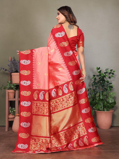 Sonakshi Women's Pink Banarasi Silk Zari Woven Traditional Saree with Blouse