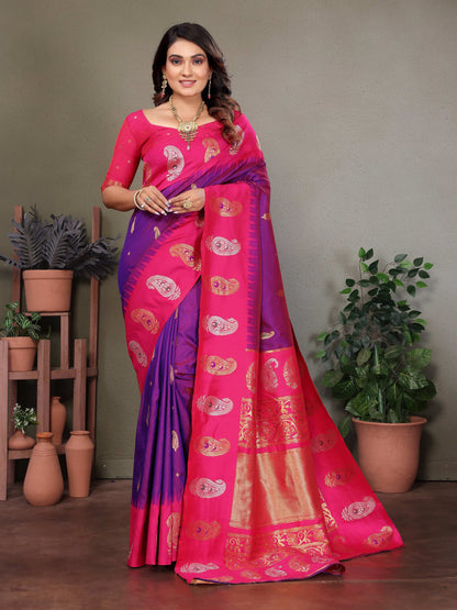 Sonakshi Women's Lavender Banarasi Silk Zari Woven Traditional Saree with Blouse