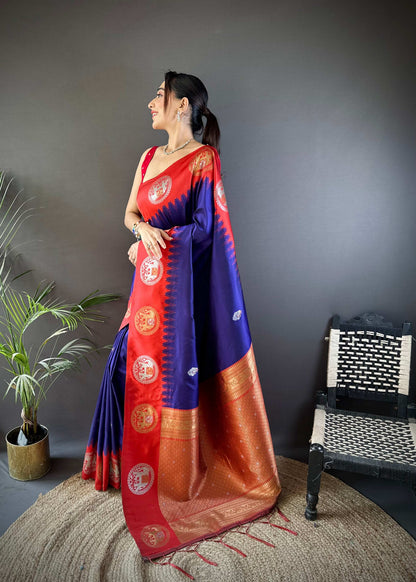 Sonakshi Women's Blue Banarasi Silk Zari Woven Traditional Saree with Blouse