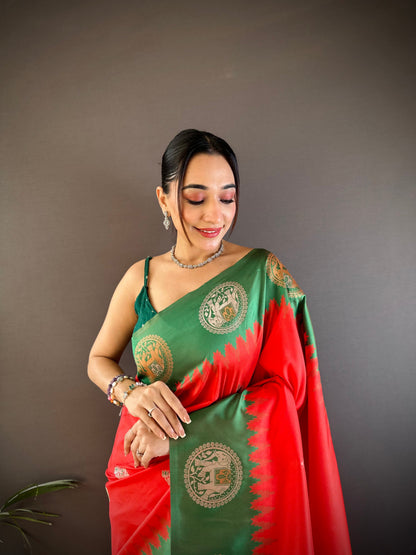 Sonakshi Women's Red Banarasi Silk Zari Woven Traditional Saree with Blouse