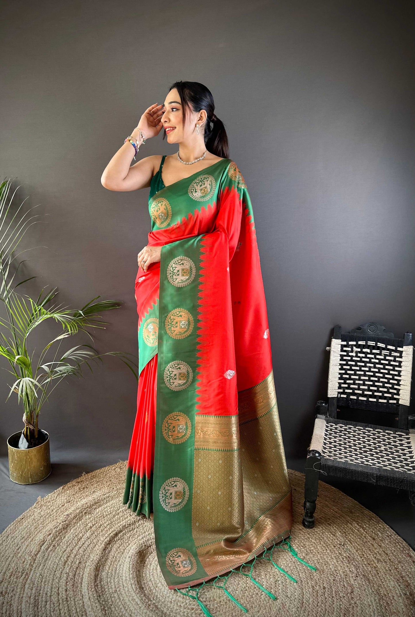 Sonakshi Women's Red Banarasi Silk Zari Woven Traditional Saree with Blouse