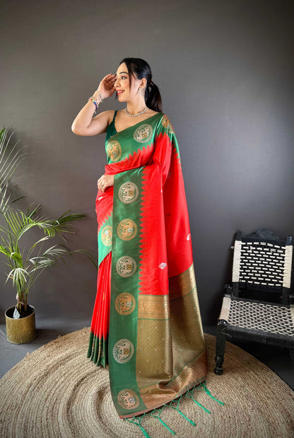 Sonakshi Women's Red Banarasi Silk Zari Woven Traditional Saree with Blouse