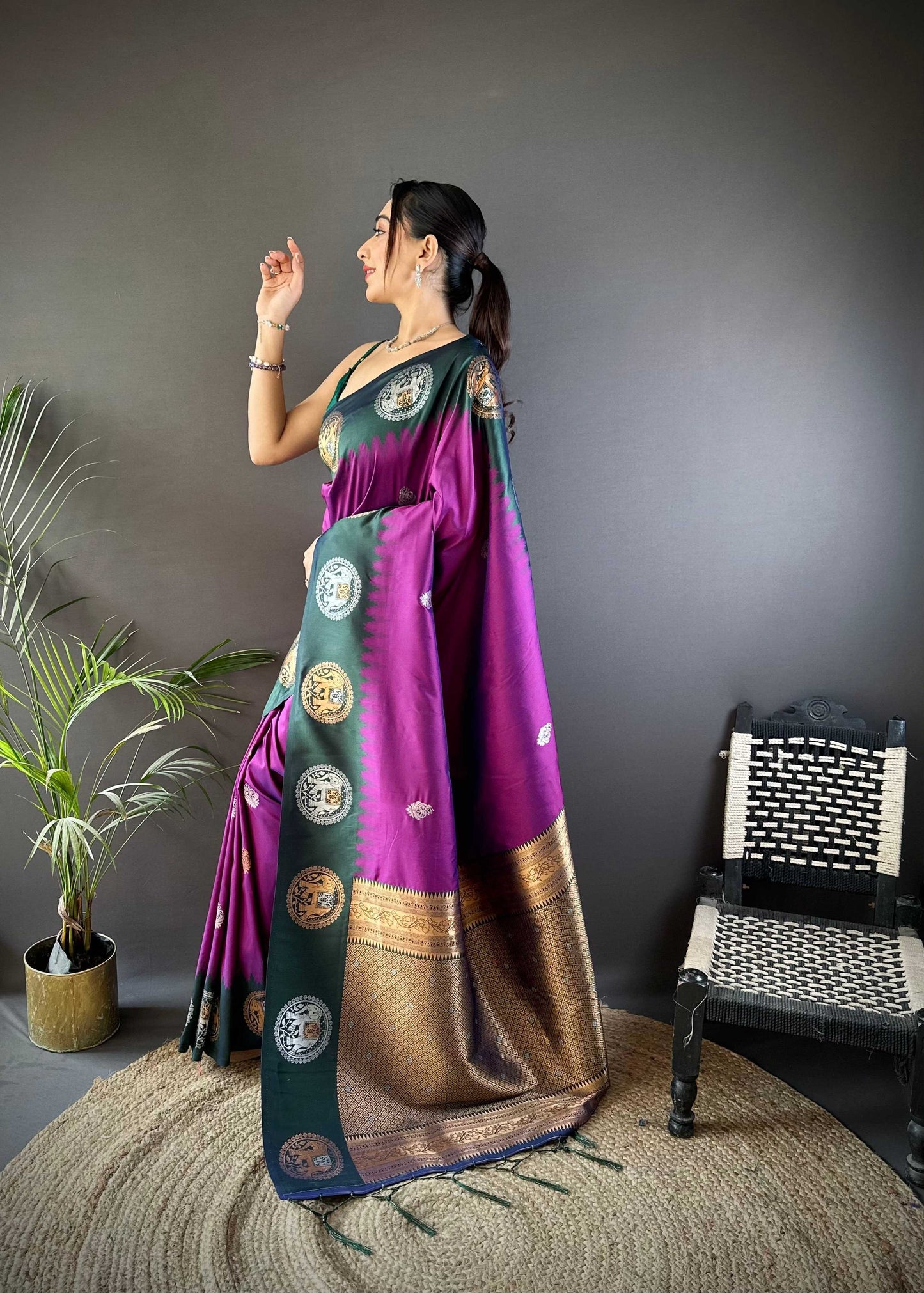 Sonakshi Women's Purple Banarasi Silk Zari Woven Traditional Saree with Blouse