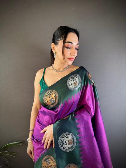 Sonakshi Women's Purple Banarasi Silk Zari Woven Traditional Saree with Blouse