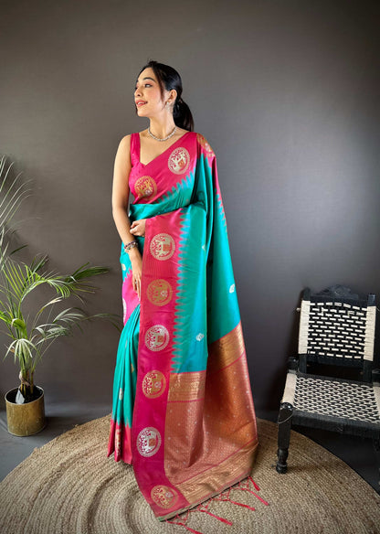 Sonakshi Women's Seagreen Banarasi Silk Zari Woven Traditional Saree with Blouse