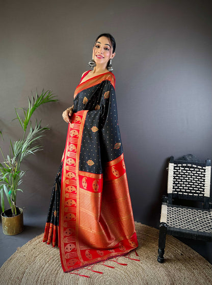 Sonakshi Women's Black Banarasi Silk Zari Woven Traditional Saree with Blouse