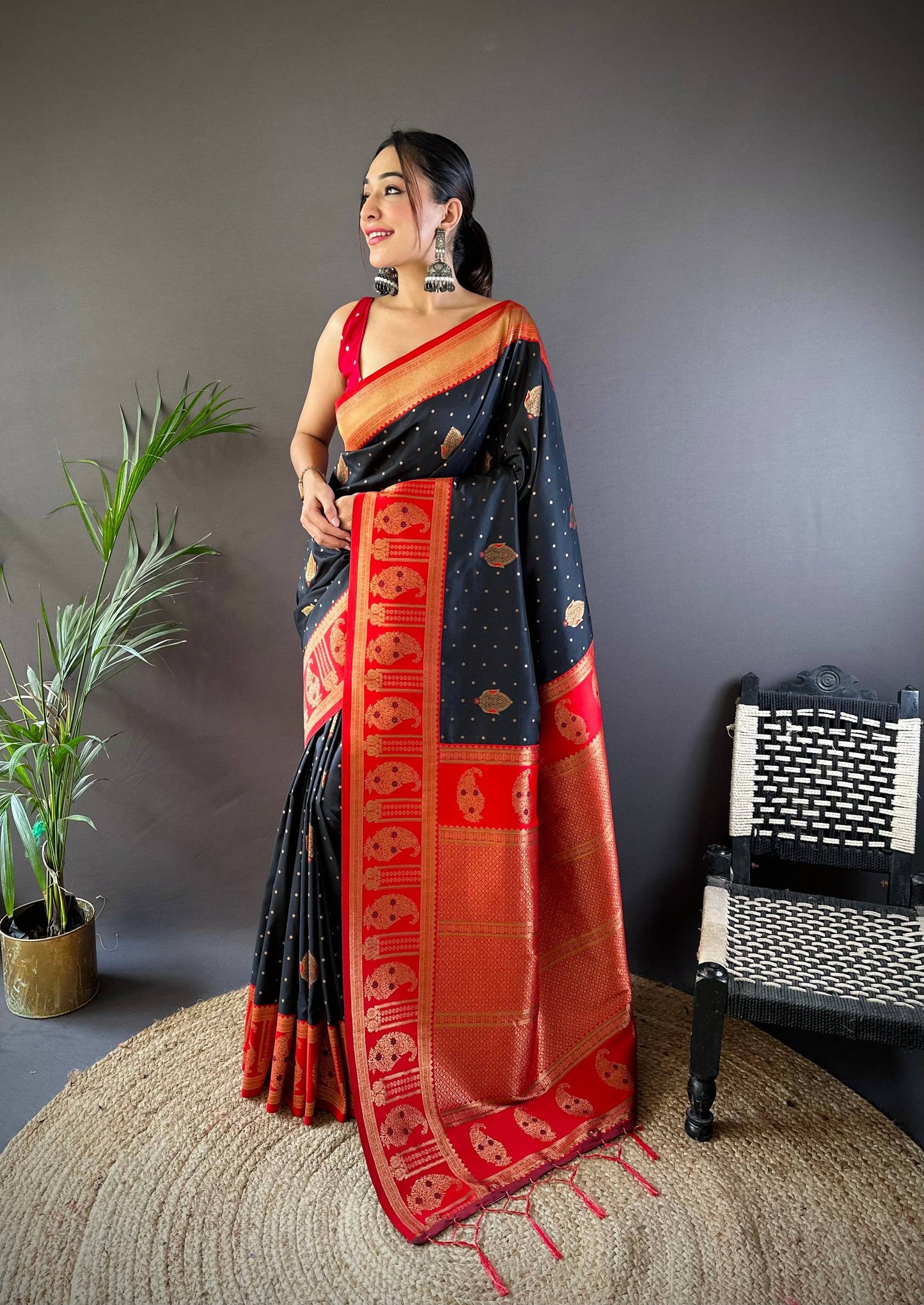 Sonakshi Women's Black Banarasi Silk Zari Woven Traditional Saree with Blouse