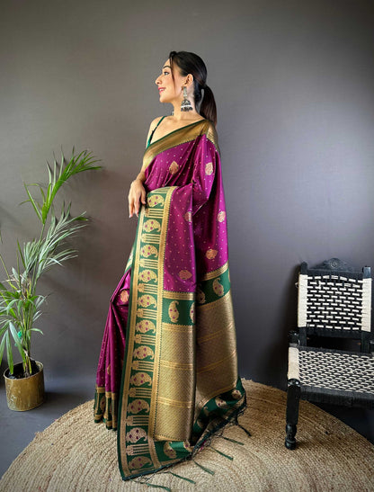 Sonakshi Women's Wine Banarasi Silk Zari Woven Traditional Saree with Blouse