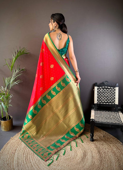 Sonakshi Women's Red Banarasi Silk Zari Woven Traditional Saree with Blouse