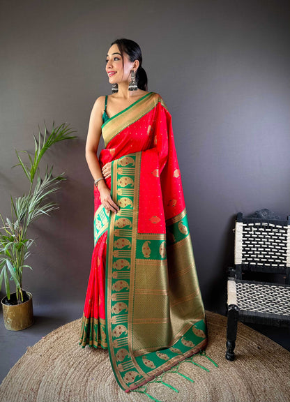 Sonakshi Women's Red Banarasi Silk Zari Woven Traditional Saree with Blouse