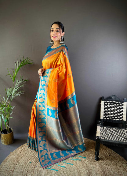 Sonakshi Women's Yellow Banarasi Silk Zari Woven Traditional Saree with Blouse