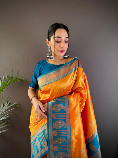 Sonakshi Women's Yellow Banarasi Silk Zari Woven Traditional Saree with Blouse