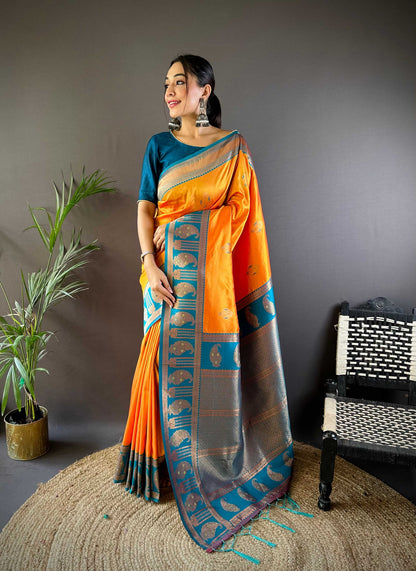 Sonakshi Women's Yellow Banarasi Silk Zari Woven Traditional Saree with Blouse