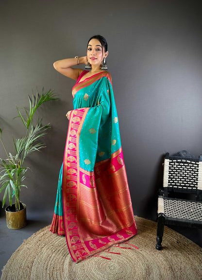 Sonakshi Women's Seagreen Banarasi Silk Zari Woven Traditional Saree with Blouse