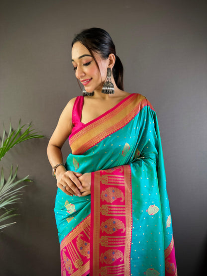 Sonakshi Women's Seagreen Banarasi Silk Zari Woven Traditional Saree with Blouse