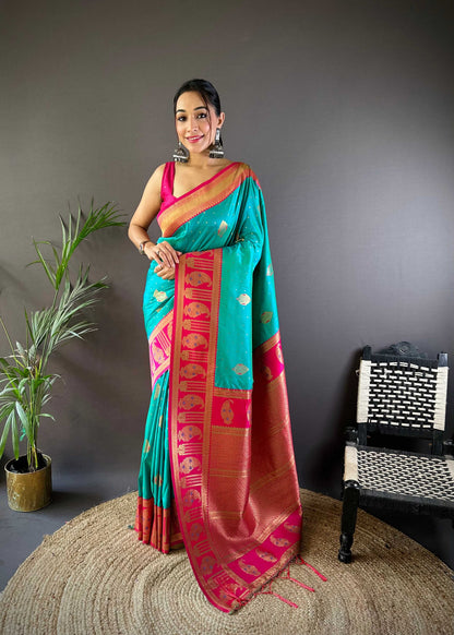 Sonakshi Women's Seagreen Banarasi Silk Zari Woven Traditional Saree with Blouse