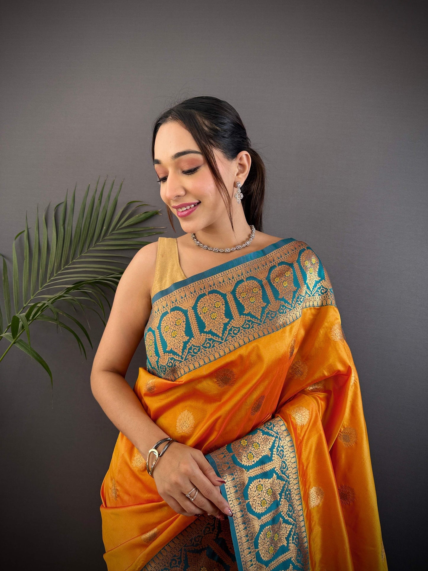 Sonakshi Women's Morepeech Banarasi Silk Zari Woven Traditional Saree with Blouse
