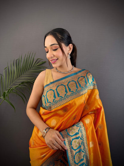 Sonakshi Women's Morepeech Banarasi Silk Zari Woven Traditional Saree with Blouse
