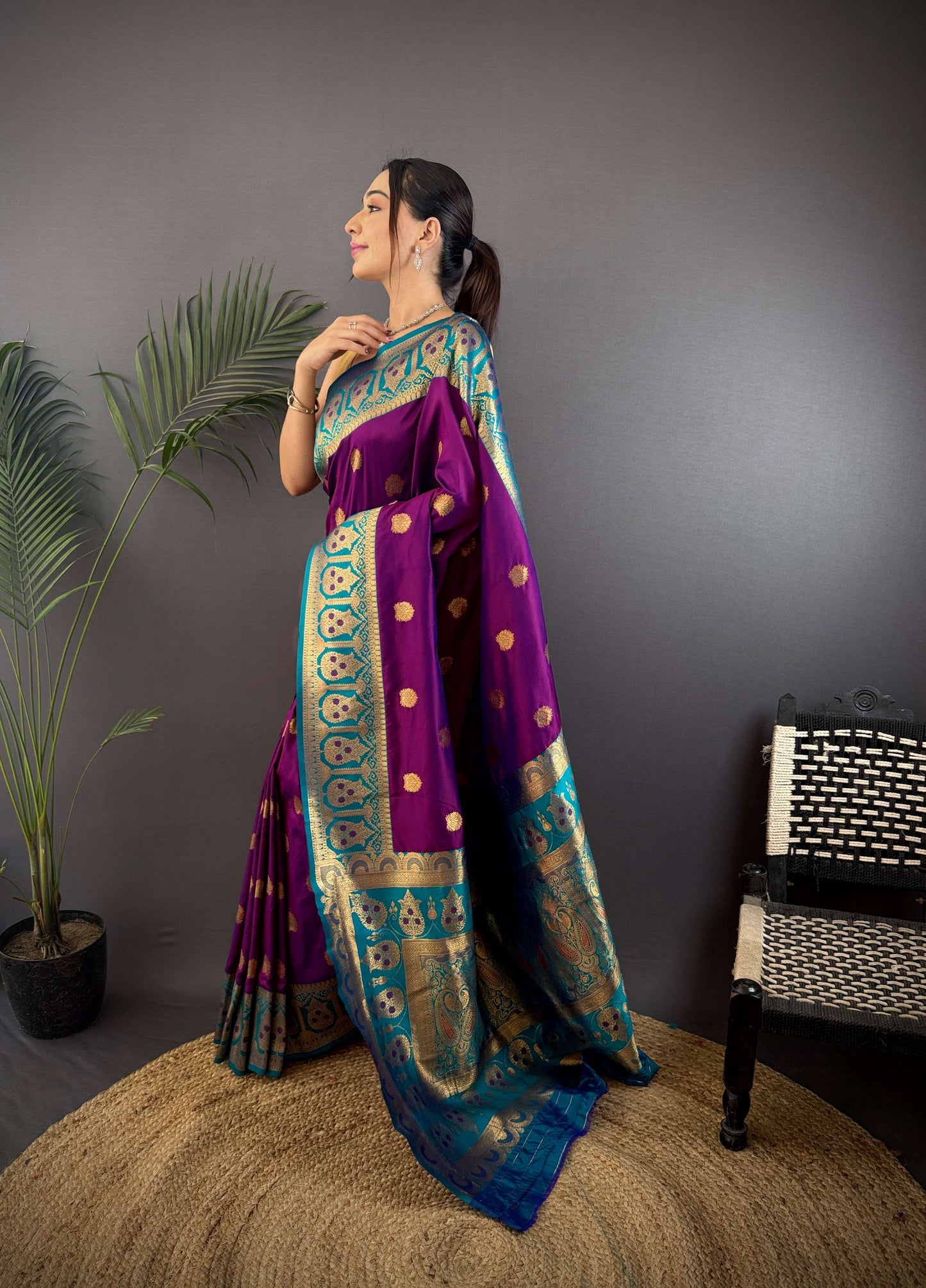 Sonakshi Women's Purple Banarasi Silk Zari Woven Traditional Saree with Blouse