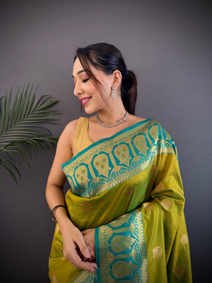 Sonakshi Women's Mehendi Banarasi Silk Zari Woven Traditional Saree with Blouse