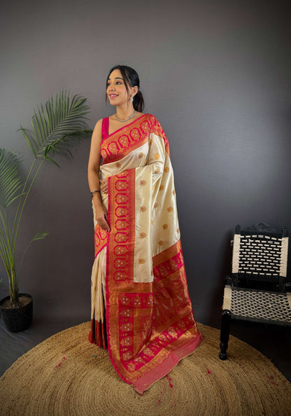Sonakshi Women's Cream Banarasi Silk Zari Woven Traditional Saree with Blouse