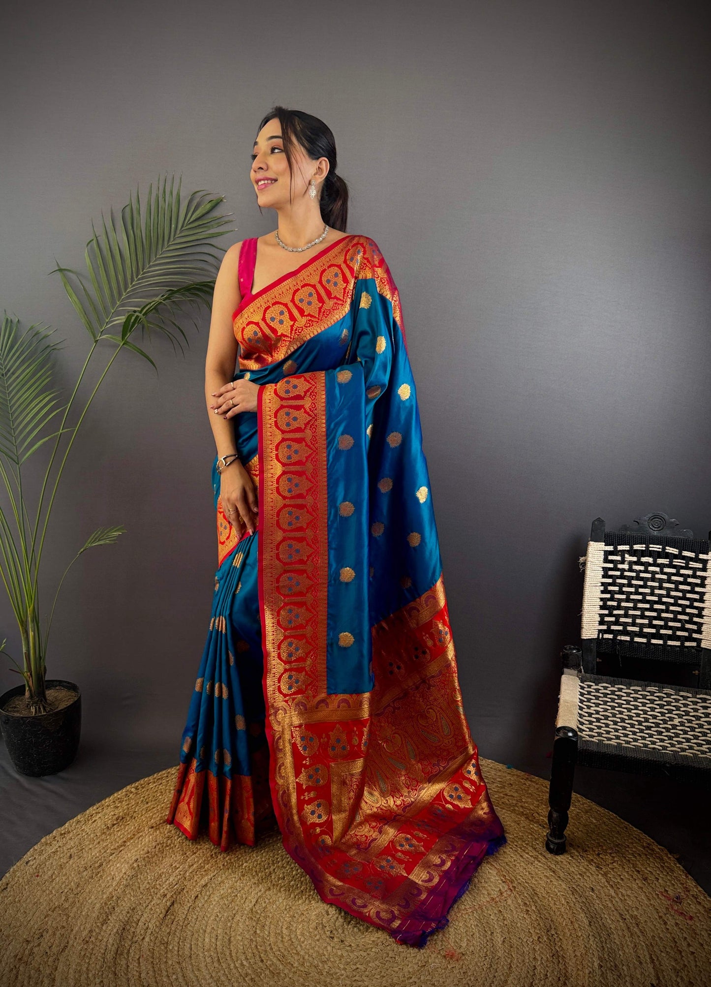 Sonakshi Women's Morepeach Banarasi Silk Zari Woven Traditional Saree with Blouse