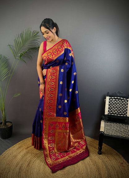 Sonakshi Women's Navy Blue Banarasi Silk Zari Woven Traditional Saree with Blouse