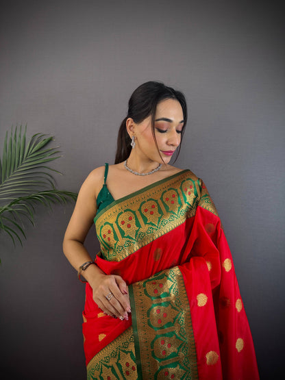 Sonakshi Women's Red Banarasi Silk Zari Woven Traditional Saree with Blouse