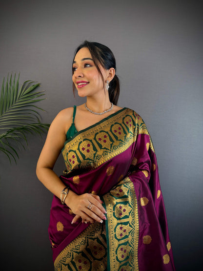 Sonakshi Women's Wine Banarasi Silk Zari Woven Traditional Saree with Blouse