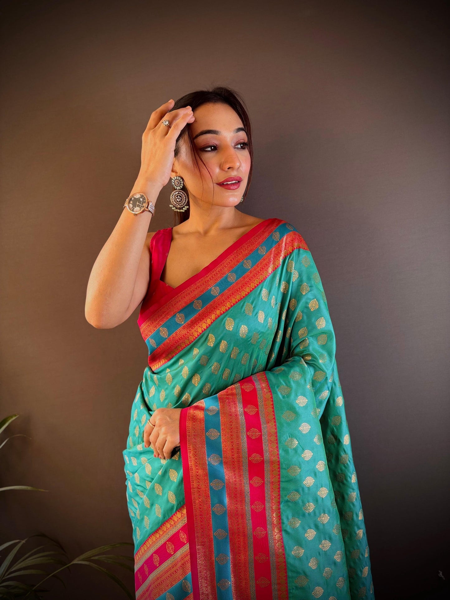 Sonakshi Women's Teal Banarasi Silk Zari Woven Traditional Saree with Blouse