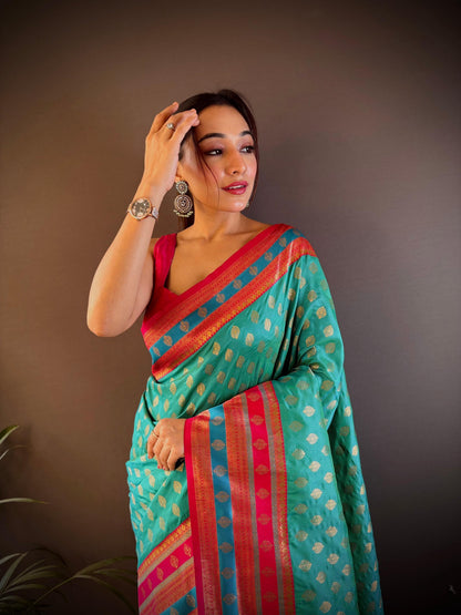Sonakshi Women's Teal Banarasi Silk Zari Woven Traditional Saree with Blouse