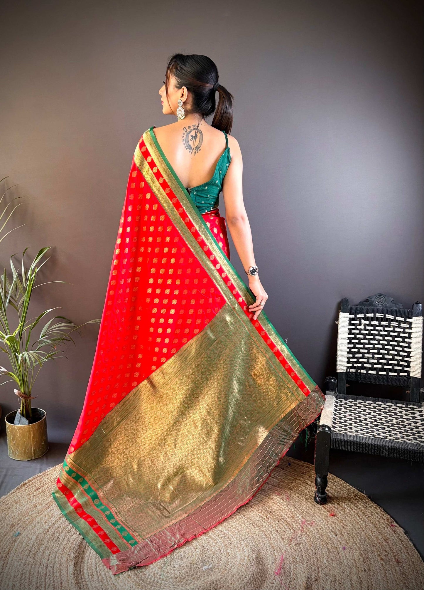Sonakshi Women's Red Banarasi Silk Zari Woven Traditional Saree with Blouse