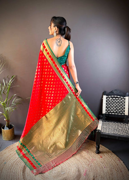 Sonakshi Women's Red Banarasi Silk Zari Woven Traditional Saree with Blouse