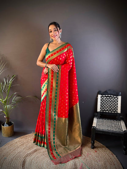 Sonakshi Women's Red Banarasi Silk Zari Woven Traditional Saree with Blouse
