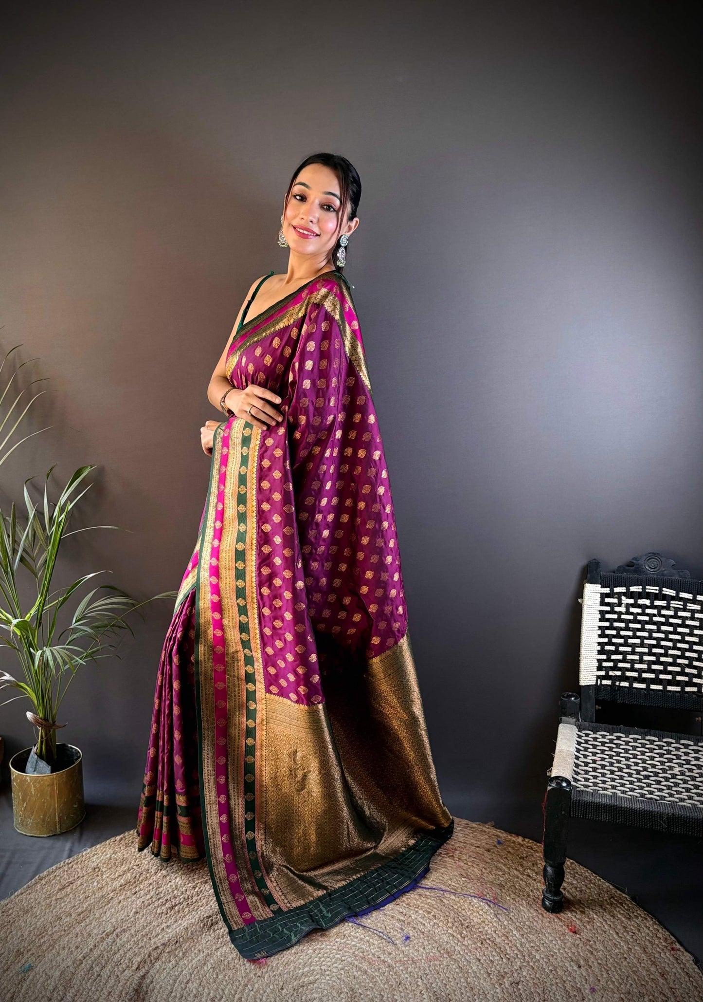 Sonakshi Women's Wine Banarasi Silk Zari Woven Traditional Saree with Blouse