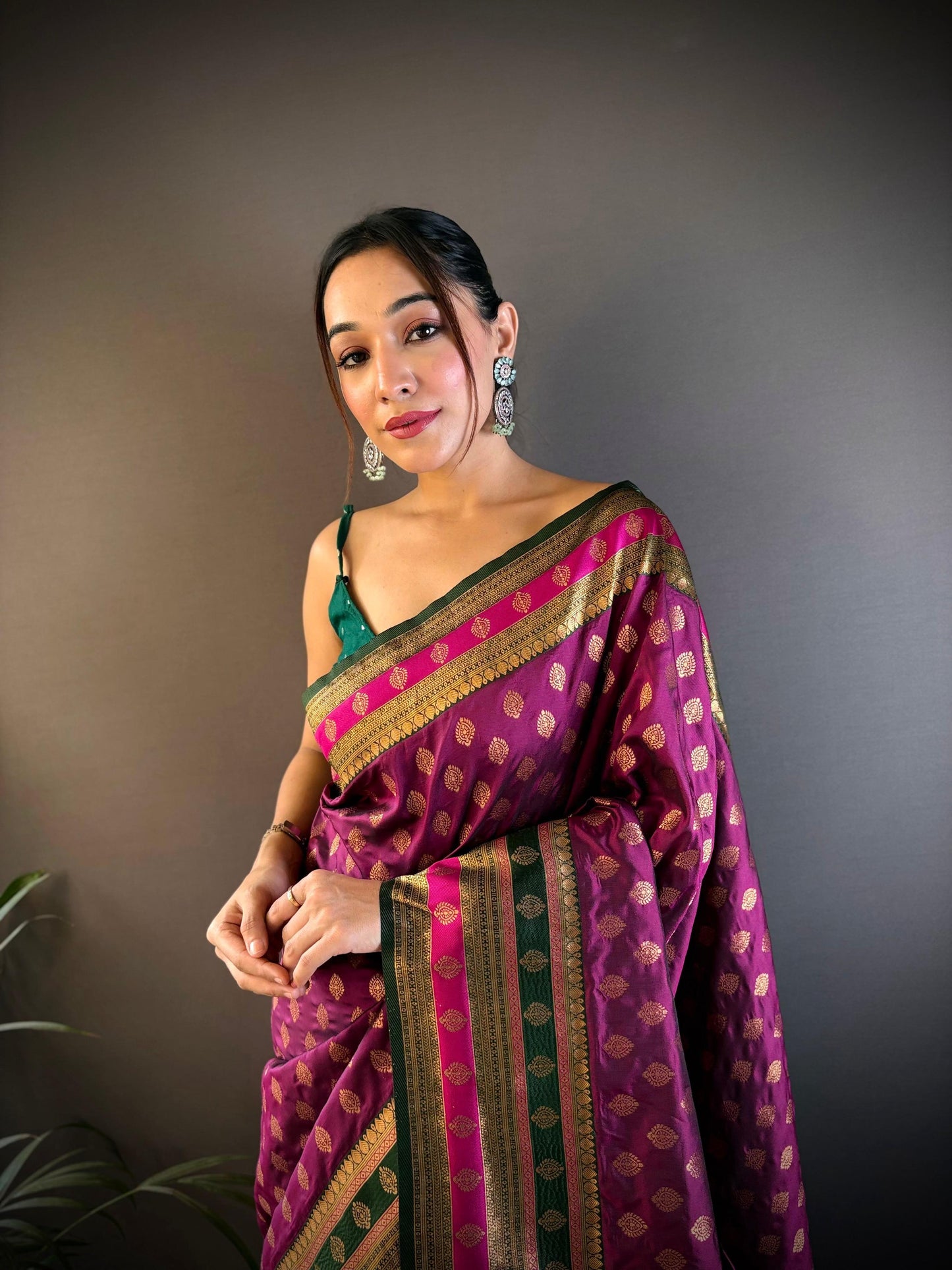 Sonakshi Women's Wine Banarasi Silk Zari Woven Traditional Saree with Blouse