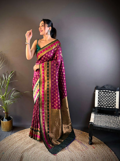 Sonakshi Women's Wine Banarasi Silk Zari Woven Traditional Saree with Blouse