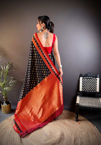 Sonakshi Women's Black Banarasi Silk Zari Woven Traditional Saree with Blouse