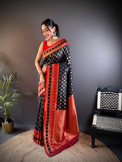Sonakshi Women's Black Banarasi Silk Zari Woven Traditional Saree with Blouse