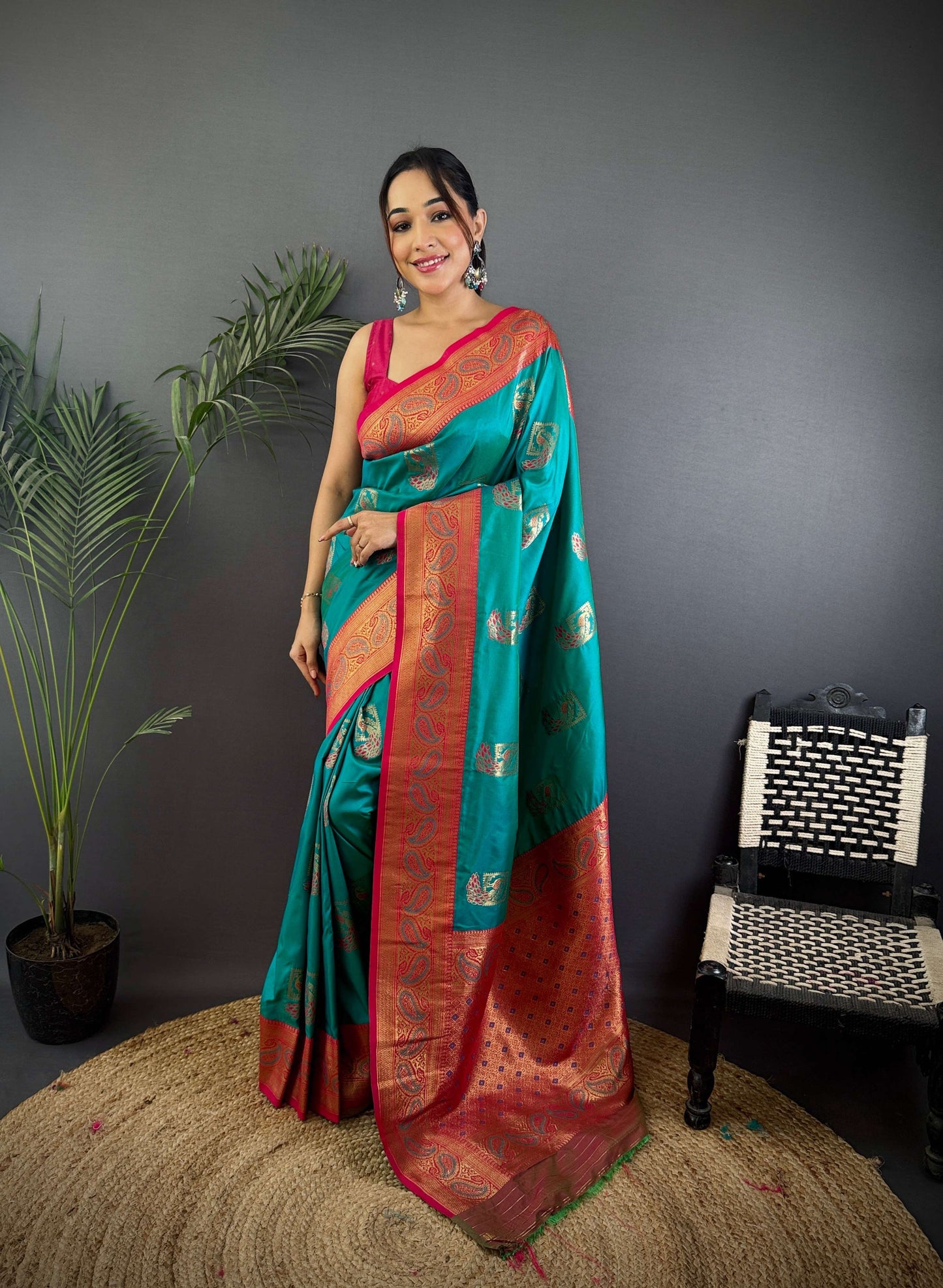 Sonakshi Women's Teal Banarasi Silk Zari Woven Traditional Saree with Blouse