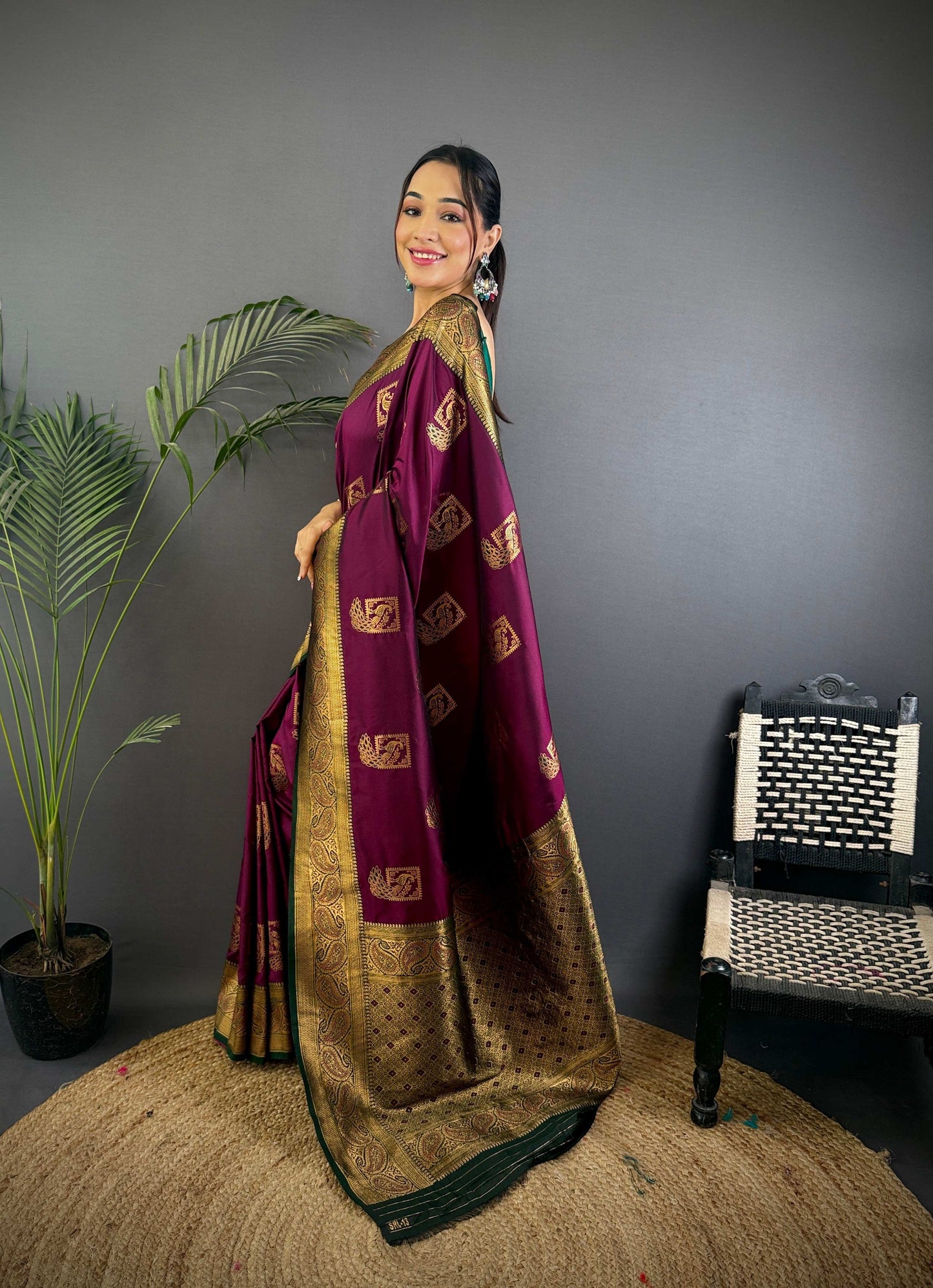 Sonakshi Women's Wine Banarasi Silk Zari Woven Traditional Saree with Blouse