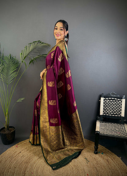 Sonakshi Women's Wine Banarasi Silk Zari Woven Traditional Saree with Blouse