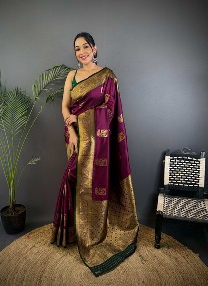 Sonakshi Women's Wine Banarasi Silk Zari Woven Traditional Saree with Blouse