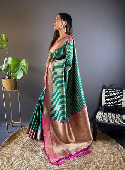 Sonakshi Women's Teal Banarasi Silk Zari Woven Traditional Saree with Blouse