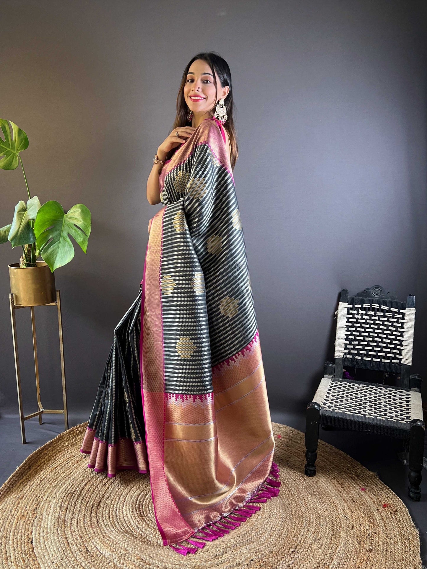 Sonakshi Women's Black Banarasi Silk Zari Woven Traditional Saree with Blouse